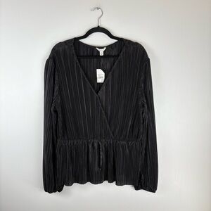 Cato Womens Large Wrap Top Blouse V Neck Ribbed Elastic Waist Drawstring Black